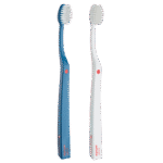 edel+white Duo Flosserbrush Ultrasoft, SWISS logo, 2 caps, PET box – Leicht, flexibel und mit ultrasanften, konischen Borsten. Abbildung dunkelblau und weiss