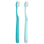 edel+white Duo Flosserbrush Ultrasoft, SWISS logo, 2 caps, PET box – Leicht, flexibel und mit ultrasanften, konischen Borsten. Abbildung hell- und dunkelblau.