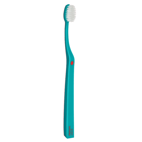 edel+white Ultrasoft Flosserbrush SWISS in PET box – Leicht, flexibel und mit ultrasanften, konischen Borsten. Abbildung Zahbürste in türkis.