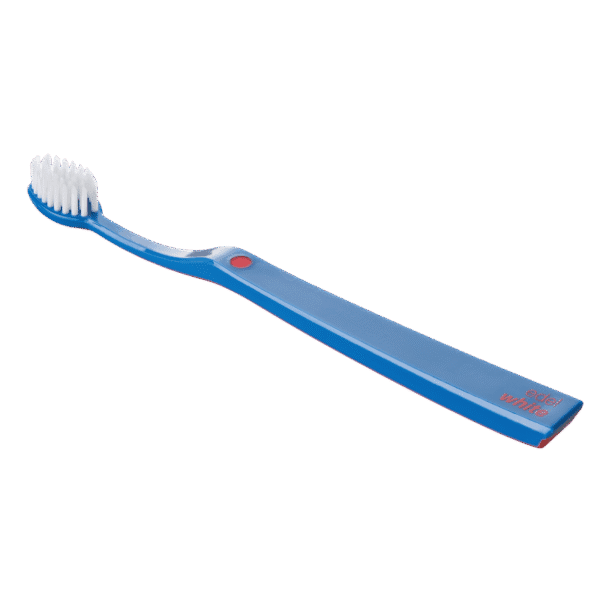 edel+white Ultrasoft Flosserbrush SWISS in PET box – Leicht, flexibel und mit ultrasanften, konischen Borsten. Abbildung Zahbürste in blau.