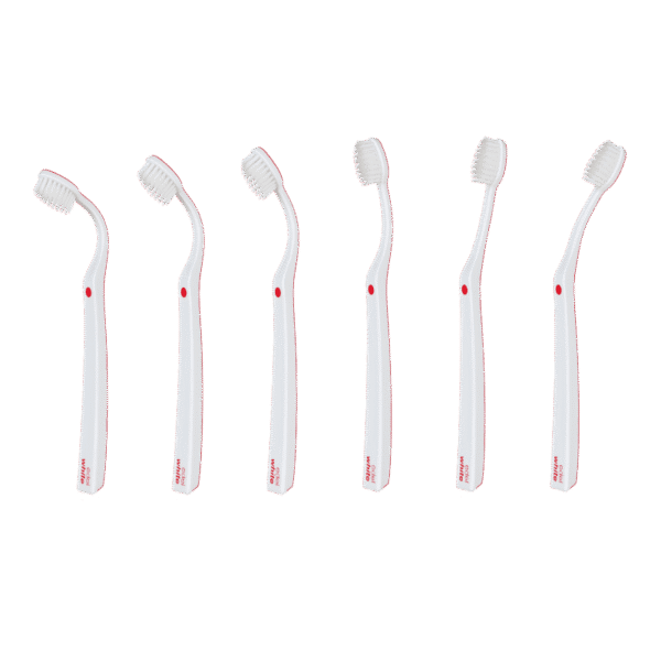 edel+white Ultrasoft Flosserbrush SWISS in PET box – Leicht, flexibel und mit ultrasanften, konischen Borsten. Abbildung Zahbürste in weiss, Biegsamkeit darstellung. .