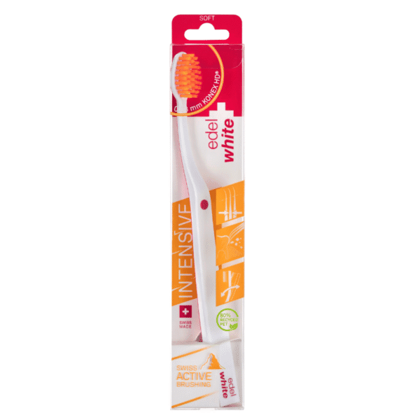edel+white Ultrasoft Flosserbrush SWISS in PET box - Light, flexible and with ultra-soft, conical bristles. Picture toothbrush in different colors.
