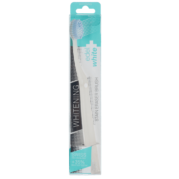 edel+white Eraser Whitening toothbrush in PET box – Flecken einfach wegrubbeln. Stain eraser brush in weiss in Verpackung.