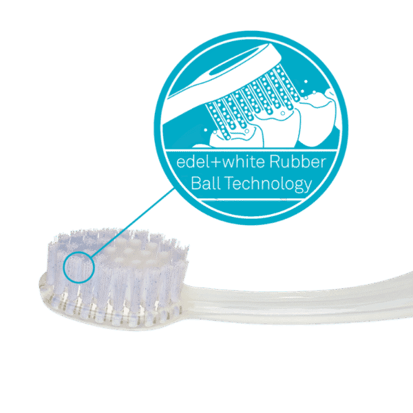edel+white Eraser Whitening toothbrush in PET box – Flecken einfach wegrubbeln. Stain eraser brush, Abbildung Borsten, rubber ball technology.