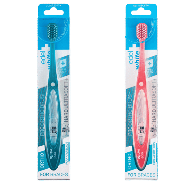 edel+white Zahnbürste ORTHO Pro Ortho Toothbrush – Gründliche Reinigung von Brücken und Zahnspangen. Zahnbürste in blau und in rosa.