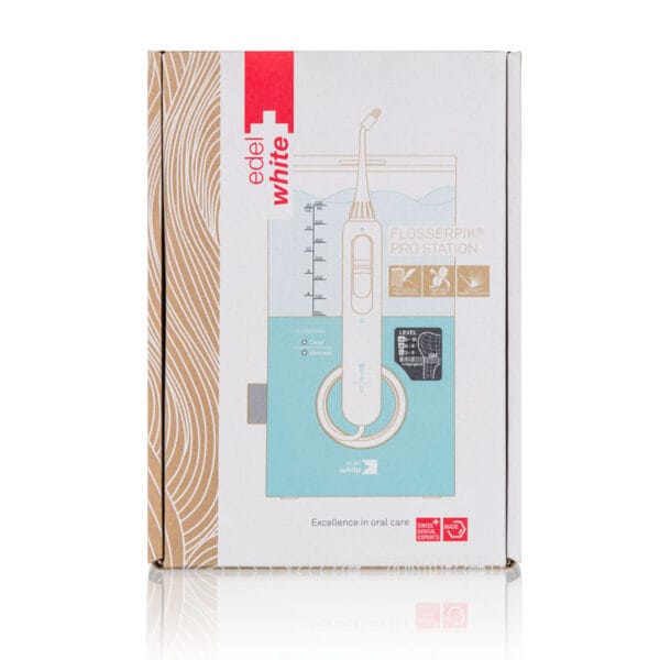 edel+white Flosserpik Pro Station – leistungsstarke Munddusche mit 10 Druckstufen, 2 Modi und 4 Aufsätzen für gründliche Zahn- und Zahnfleischpflege. Abbildung Verpackung.
