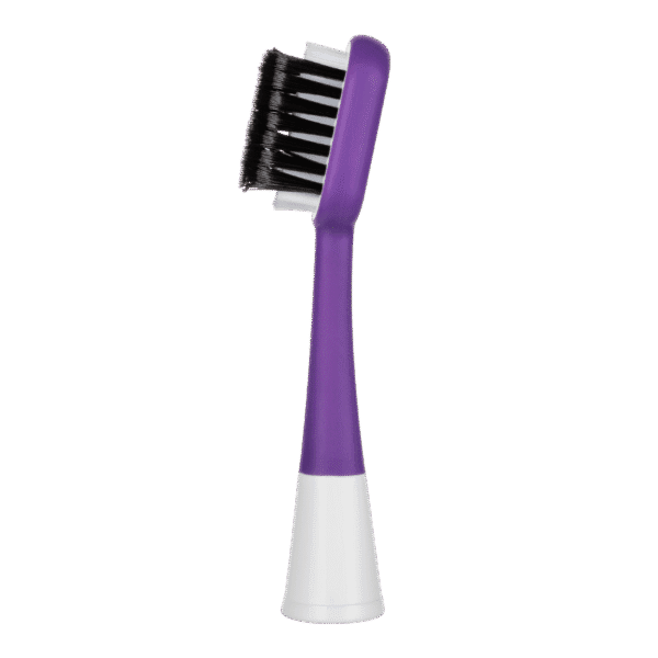 edel+white attachments for electric toothbrushes. Ultrasoft, Clean Curl Airbag Sonic Brush Heads - The tooth cleaning revolution for 300% more brushing power. Close-up of attachment, straight bristles, violet, side view. 