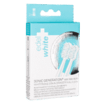 edel+white elektrische Zahnbürste Aufsätze. Whitening Brush Heads for Sonic Generation SG8+ – Patentierte Polierborsten zur Fleckenentfernung. Foto der Verpackung.