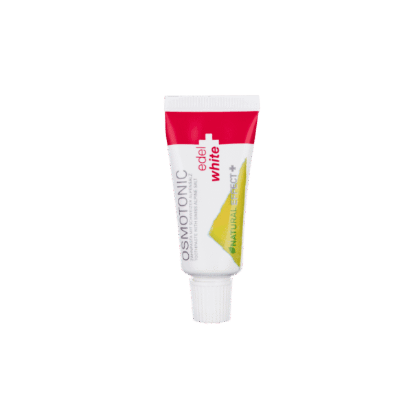 edel+white Osmotonic toothpaste 75ml - Dentifrice au sel sans fluor pour lutter contre la gingivite de manière naturelle. Photo de l'emballage 