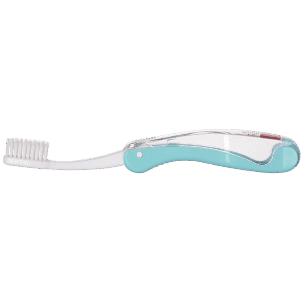 edel+white Flosserbrush TO GO Soft sous blister, bleu clair - Pour un sourire sain en déplacement. Photo produit, brosse à dents dépliée. 