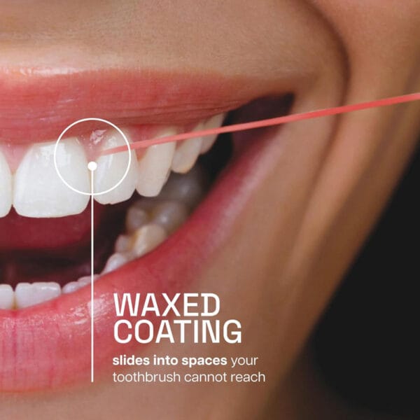 Fil dentaire ciré REACH au goût de cannelle - 50m de fil dentaire végétalien avec une grande résistance à la déchirure et jusqu'à 61% d'élimination de la plaque dentaire en plus. Illustration infographie Waxed Coating. 