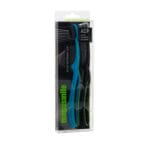 megasmile Loop toothbrush with activated charcoal bristles in Duo PET Box Set - gentle tooth whitening & Swiss design. Picture toothbrush blue in packaging. 