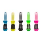 megasmile Loop toothbrush with activated charcoal bristles in Duo PET Box Set - gentle tooth whitening & Swiss design. Picture all colors, product picture from above. 