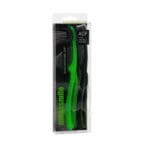 megasmile Loop toothbrush with activated charcoal bristles in Duo PET Box Set - gentle tooth whitening & Swiss design. Picture toothbrush green in packaging. 