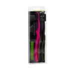 megasmile Loop toothbrush with activated charcoal bristles in Duo PET Box Set - gentle tooth whitening & Swiss design. Picture toothbrush pink in packaging. 