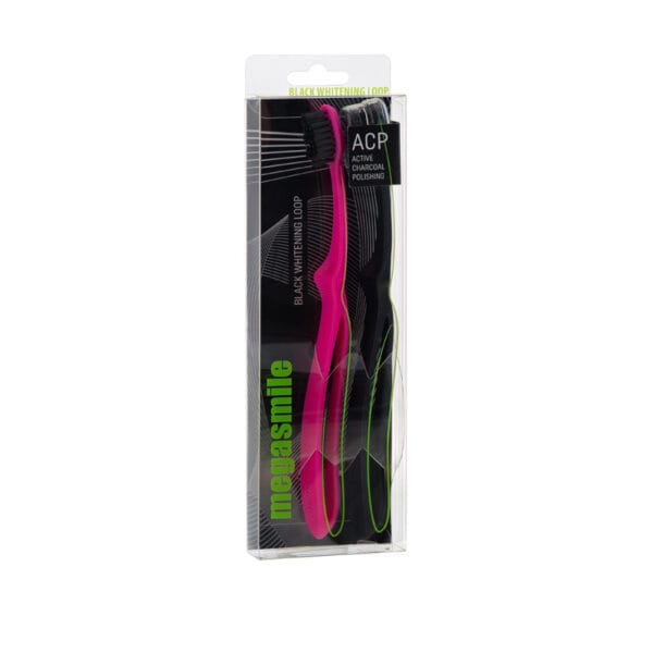megasmile Loop toothbrush with activated charcoal bristles in Duo PET Box Set - gentle tooth whitening & Swiss design. Picture toothbrush pink in packaging. 