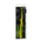 megasmile Loop toothbrush with activated charcoal bristles in Duo PET Box Set - gentle tooth whitening & Swiss design. Picture toothbrush yellow in packaging. 
