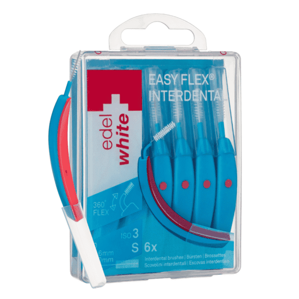edel+white EasyFlex Interdental, Brosse incurvée avec manche flexible et revêtement antibactérien pour un nettoyage complet des espaces interdentaires. SS, 6 pièces de 0,5 mm de diamètre, emballage ouvert