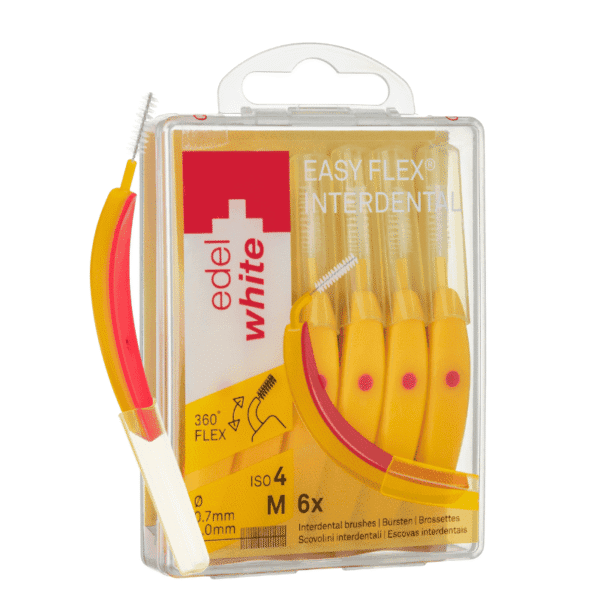 edel+white EasyFlex gebogene Interdentalbürste mit flexiblem Hals und antibakteriellem Schutzmantel zur Reinigung der Zahnzwischenräume, 0.7mm Grösse M, 6 Stück in gelb