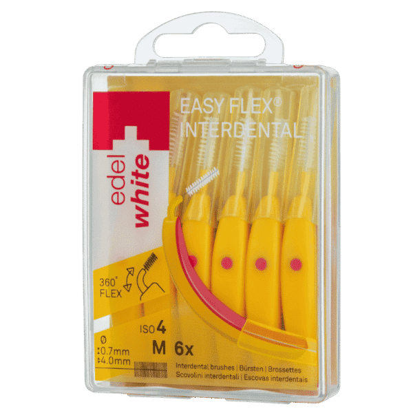 edel+white EasyFlex gebogene Interdentalbürste mit flexiblem Hals und antibakteriellem Schutzmantel zur Zahnreinigung, M 0.7mm, 6 Stück in gelb