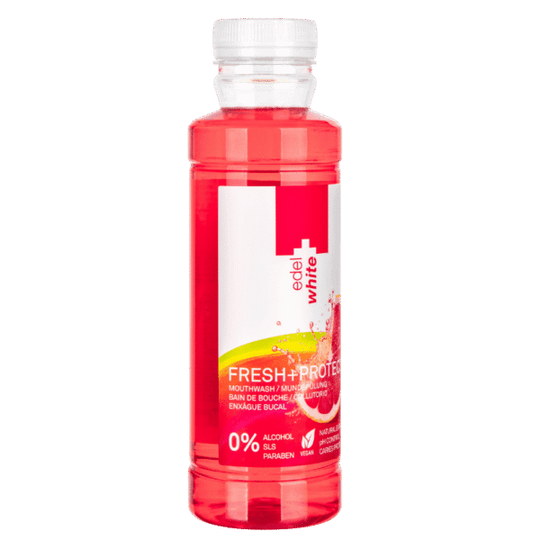 edel+white Fresh&Protect Mouthwash 400ml - Pour une haleine aussi fraîche que l'air des Alpes. Photo produit bouteille. 