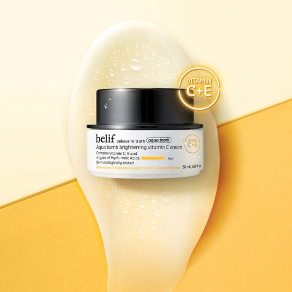 belif ultraleichte Vitamin-Gel-Creme mit Hyaluronsäure & Antioxidantien für strahlende, pralle Haut 50ml, Imagebild mit Vitamin C claim