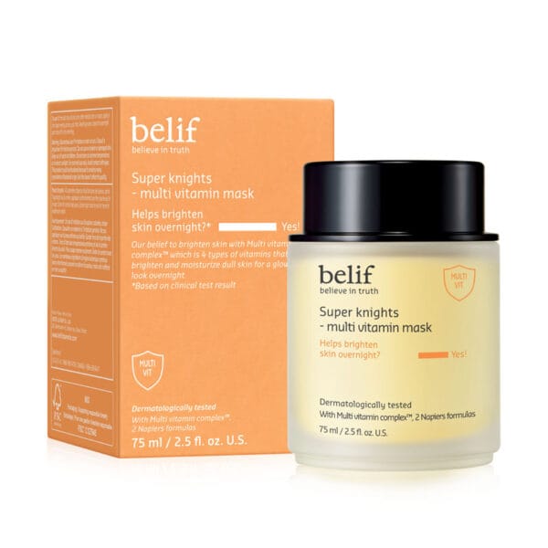 belif Super Knights Multi Vitamin Sleeping Mask 75ml Produktfoto mit Verpackung – Aufhellende Nachtcreme mit Vitamin C, E, B3 & B12 für strahlende Haut am Morgen