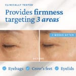 belif Moisturizing Eye Bomb 25ml - Eye cream with peptides, bakuchiol & caffeine against wrinkles & dark circles. Image with claim provides firmness targeting 3 areas, eyebags, crows feet, eyelids 