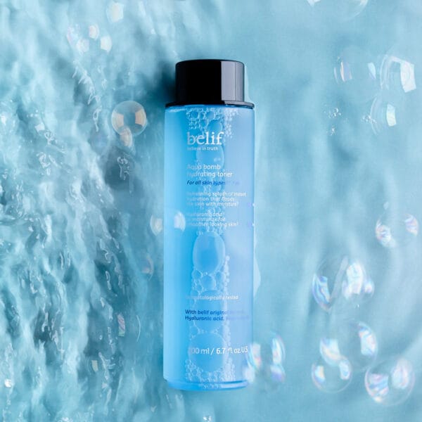 belif Aqua Bomb Hydrating Toner 200ml - Moisturizing facial toner with hyaluronic acid & niacinamide. Image image, toner in water. 