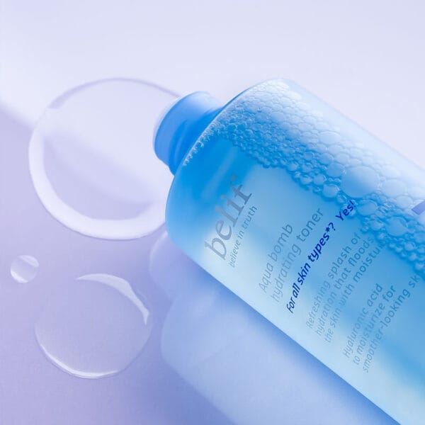 belif Aqua Bomb Hydrating Toner 200ml - Moisturizing facial toner with hyaluronic acid & niacinamide. Image image, toner without lid, bubbles. 
