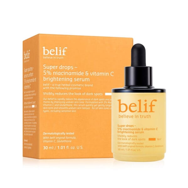 belif Brightening Serum 30ml - Sérum à la vitamine C & niacinamide pour une peau éclatante et uniforme. Photo du produit avec l'emballage.