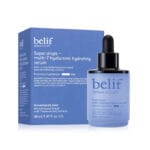 belif Super Drops Multi-7 Hyaluronic Hydrating Serum 30ml – Intensives Feuchtigkeitsserum mit 7-facher Hyaluronsäure und Panthenol. Produktbild mit Verpackung.