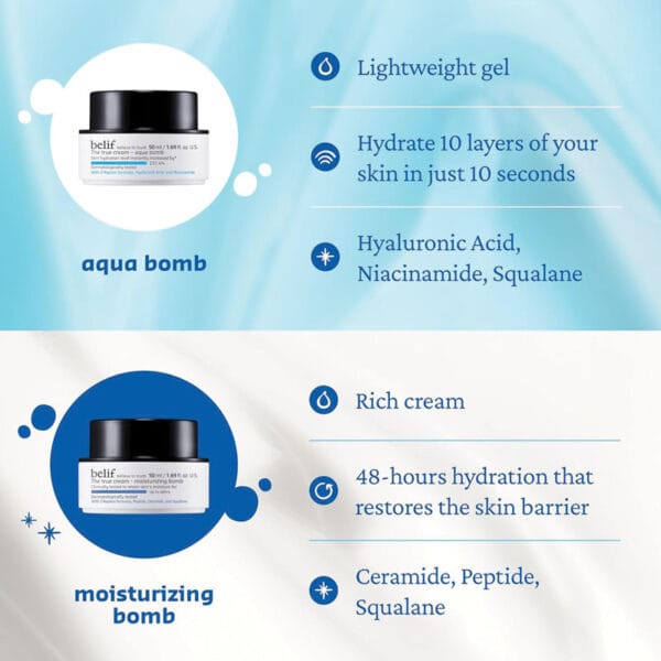 belif The True Cream Aqua Bomb vs. moisturizing bomb