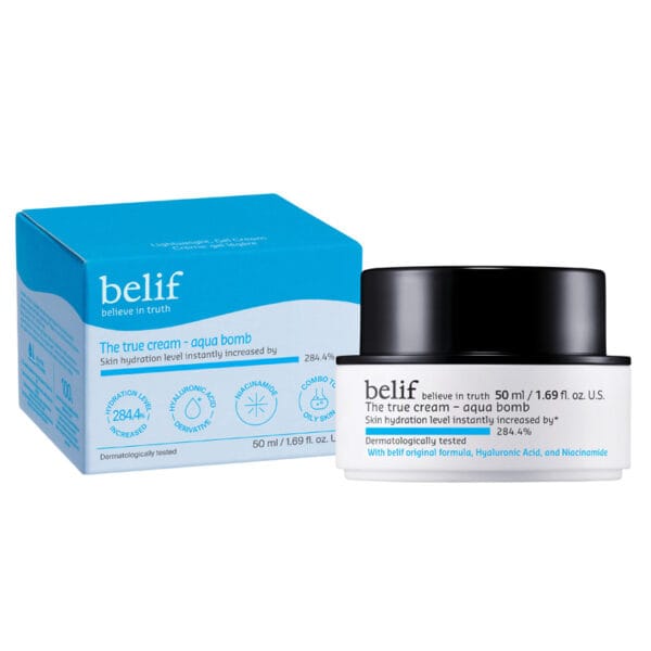 belif Aqua Bomb Hydrating Gel-Cream 50ml Produktfoto mit Verpackung – Ultraleichte, ölfreie Feuchtigkeitscreme mit Hyaluronsäure & Niacinamid für sofortige Hydration