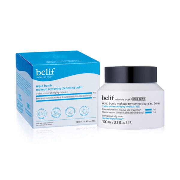 belif Cleansing Balm 100ml - Baume démaquillant hydratant à la fleur de lotus & vitamine E. Photo du produit avec l'emballage.