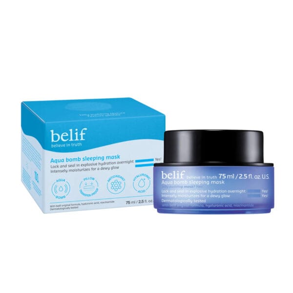 belif Jelly-Pudding Overnight Mask 75ml - Masque de nuit à l'acide hyaluronique & niacinamide pour une hydratation intense. Photo du produit avec l'emballage. 
