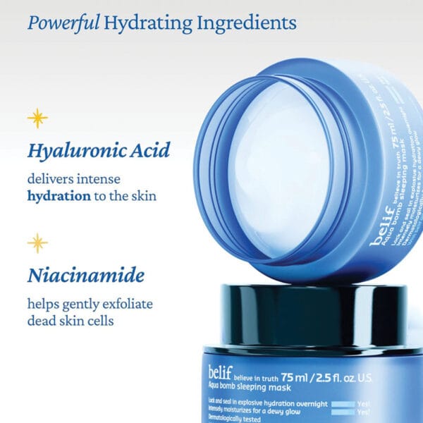 belif Aqua Bomb Sleeping Mask 75ml – powerful hydrating ingredients. hyaluronic acid & niacinamide