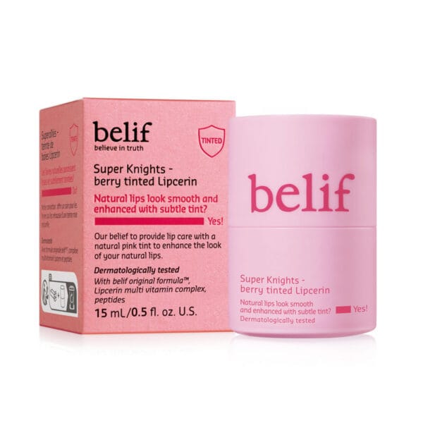 belif Multi Vitamin Pink Lipcerin 15ml – Pflegender Lippenbalsam & Maske mit pinkem Farbton, Cranberry-Erdbeer-Aroma und Multi-Vitamin-Komplex. Abbildung Produktfoto mit Verpackung.