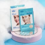 Dr. Belmeur Clarifying Cover Spot Patches - transparent acne and pimple patches with tea tree oil, salicylic acid and fireweed extract. Image of product content with absorbent cotton in the background. 