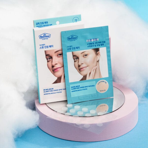 Dr. Belmeur Clarifying Cover Spot Patches - transparent acne and pimple patches with tea tree oil, salicylic acid and fireweed extract. Image of product content with absorbent cotton in the background. 