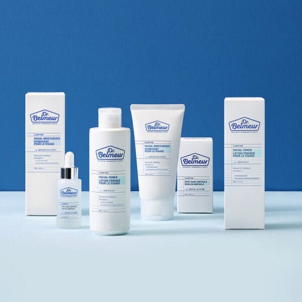 Dr. Belmeur Spot Care Ampoule 22ml – beruhigendes Serum mit Panthenol, Beta-Glucan, Chaga-Pilz und Teebaumöl gegen Unreinheiten und Rötungen. Abbildung mit weiteren Dr. Belmeur Produkten.