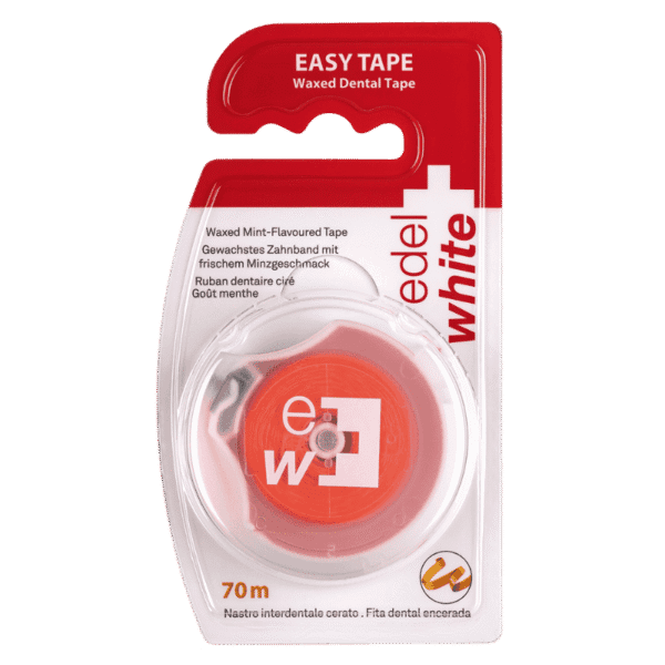 edel+white Easy Tape Waxed Dental Tape orange in blister – Ideal für Zahnzwischenräume aller Größen sowie Zahnseide-Einsteiger. Farbe orange.