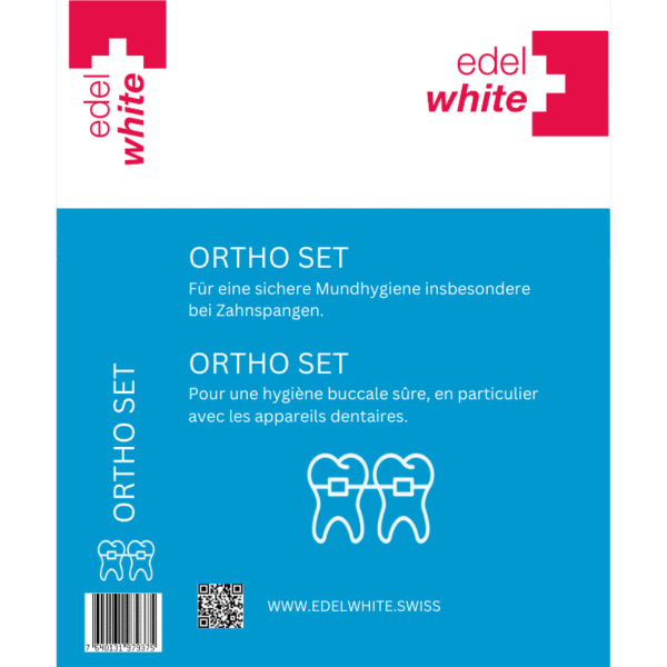 edel+white Ortho Set – komplette Zahnpflege-Lösung für Zahnspangenträger mit Bürste, Zahnseide, Zahngel und Interdentalbürsten, Etikett Vorschau