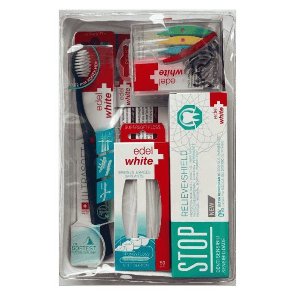 edel+white Implant Care Set – Komplettset für Implantatpflege mit Zahngel, Interdentalbürsten, Zahnseide und Flosserbrush.
