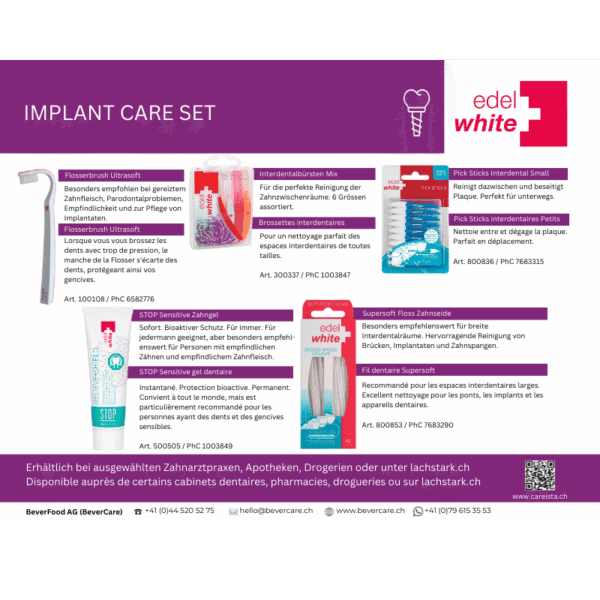 edel+white Implant Care Set – Komplettset für Implantatpflege mit Zahngel, Interdentalbürsten, Zahnseide und Flosserbrush, Übersicht Produkte