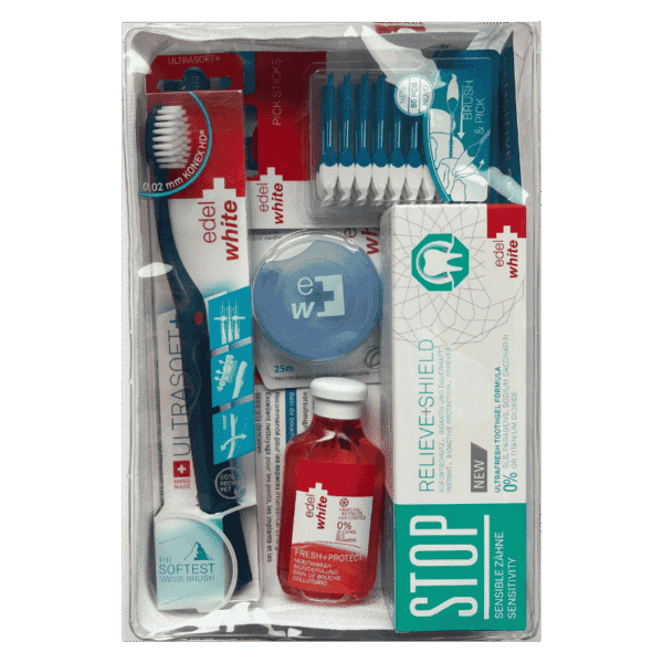 edel+white Sensitive Care Set. Foto vom Setinhalt, Zahnbürste, Zahnseide, Zahngel, Interdentalbürsten und Mundspülung für empfindliche Zähne und gereiztes Zahnfleisch