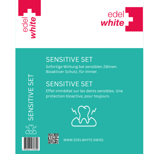 edel+white Sensitive Care Set – für empfindliche Zähne und gereiztes Zahnfleisch. Bild vom Etikett