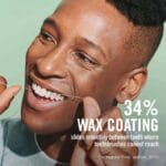 REACH gewachste Zahnseide mit Zimtgeschmack – 50m vegane Zahnseide mit hoher Reissfestigkeit und mehr Plaque-Entfernung. Abbildung Infografik 34% Wax Coating.