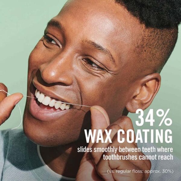 REACH gewachste Zahnseide mit Zimtgeschmack – 50m vegane Zahnseide mit hoher Reissfestigkeit und mehr Plaque-Entfernung. Abbildung Infografik 34% Wax Coating.