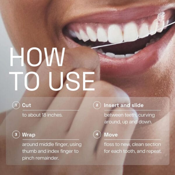 Fil dentaire ciré REACH au goût de cannelle - 50m de fil dentaire végétalien avec une grande résistance à la déchirure et une meilleure élimination de la plaque dentaire. Illustration infographie Comment utiliser, instructions. 